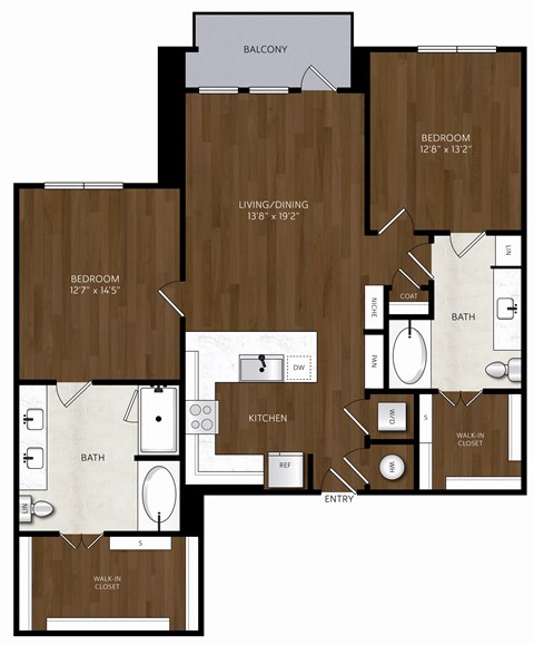 Floor plan for 2 beds, 2 baths, 1231 sqft